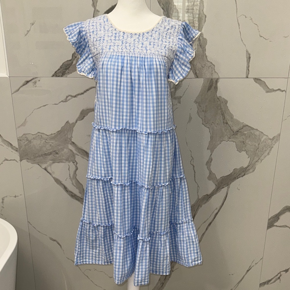 J. Marie Blue Gingham Smocked Tiered Midi Dress Ruffle Sleeves Embroidered XS